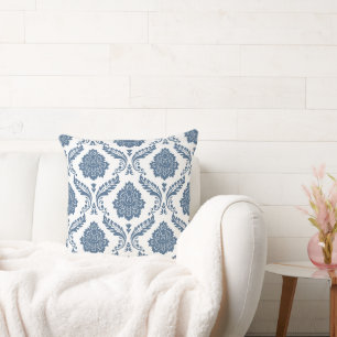 Rococo Damask Groot Patroon Blauw op Wit Kussen