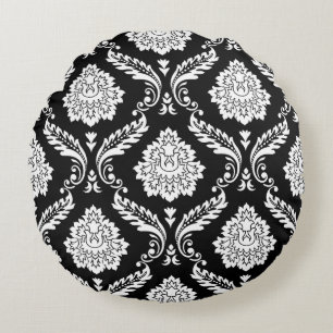 Rococo Damask Groot Patroon Wit op Zwart Rond Kussen