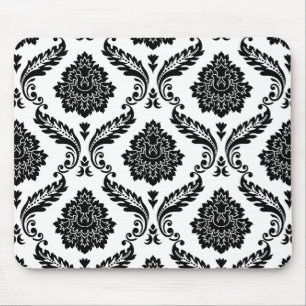 Rococo Damask Groot Patroon Zwart op Wit Muismat