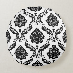 Rococo Damask Groot Patroon Zwart op Wit Rond Kussen