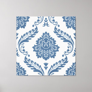 Rococo Damask Lg Patroon Blauw op Wit Canvas Afdruk