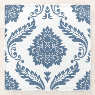 Rococo Damask Lg Patroon Blauw op Wit Glazen Onderzetter