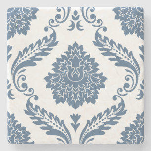 Rococo Damask Lg Patroon Blauw op Wit Stenen Onderzetter