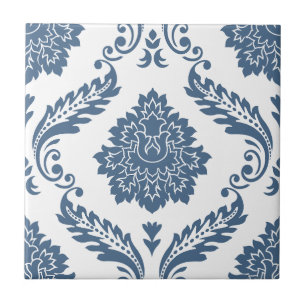 Rococo Damask Lg Patroon Blauw op Wit Tegeltje