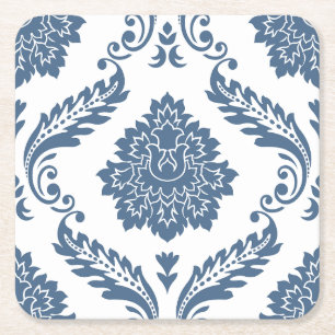 Rococo Damask Lg Patroon Blauw op Wit Vierkante Kartonnen Onderzetter
