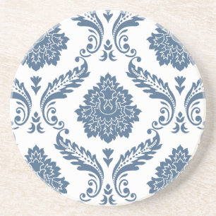 Rococo Damask Lg Patroon Blauw op Wit Zandsteen Onderzetter