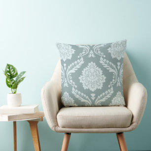 Rococo Damask Lg Patroon Eendenei Blauw+Turquoise Kussen