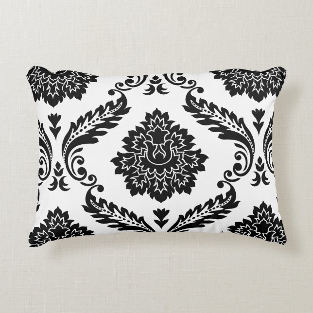 Rococo Damask Lg Patroon Zwart op Wit Accent Kussen (Voorkant)