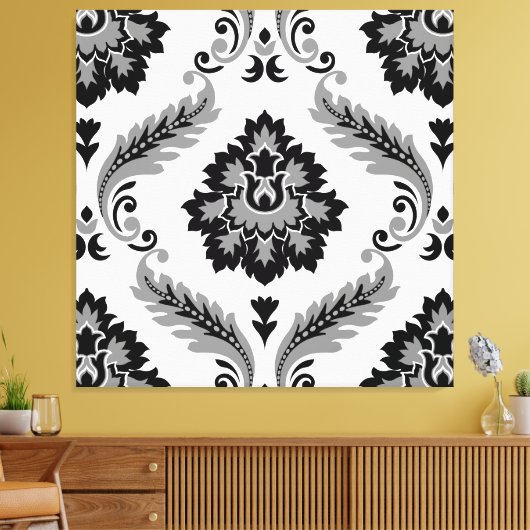Rococo Damask Lg Pattern Grey Black White Canvas Afdruk (Insitu (Woonkamer))