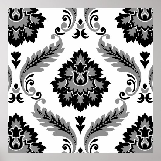 Rococo Damask Lg Pattern Grey Black White Poster (Voorkant)