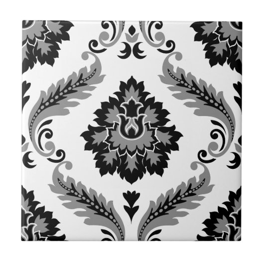 Rococo Damask Lg Pattern Grey Black White Tegeltje (Voorkant)
