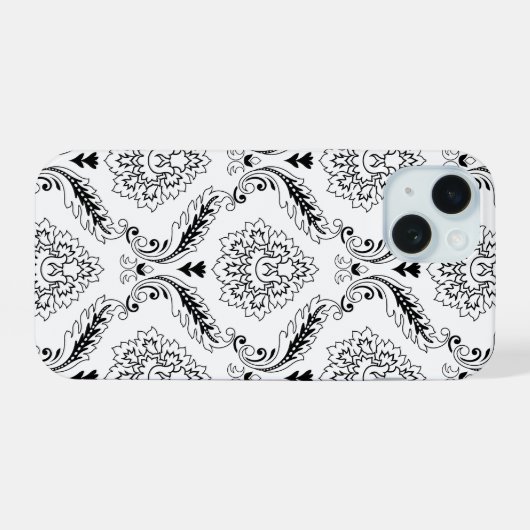 Rococo Damask Line Pattern Black on White iPhone 15 Hoesje (Achterkant horizontaal)