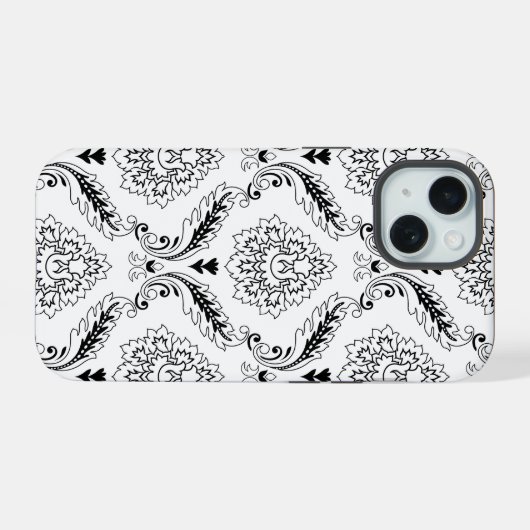 Rococo Damask Line Pattern Black on White iPhone 15 Hoesje (Achterkant horizontaal)