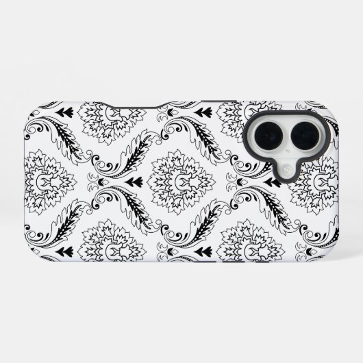 Rococo Damask Line Pattern Black on White iPhone 16 Hoesje (Achterkant horizontaal)