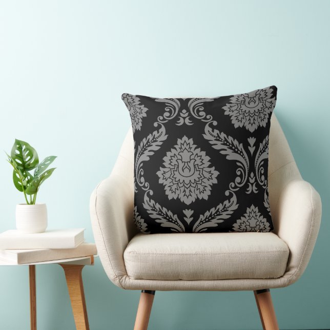 Rococo Damask Off-Set Pattern Grey on Black Kussen (Stoel)