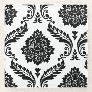 Rococo Damask Offset Patroon Zwart op Wit Glazen Onderzetter