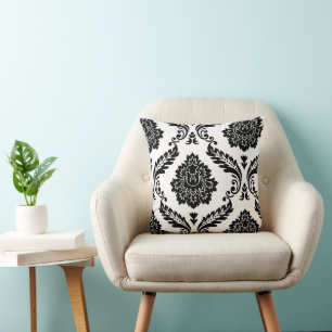Rococo Damask Offset Patroon Zwart op Wit Kussen