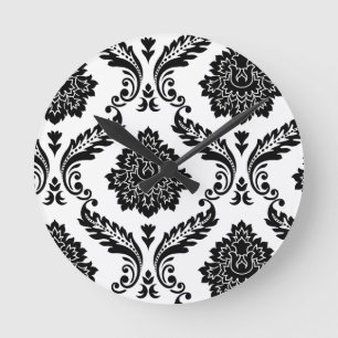 Rococo Damask Offset Patroon Zwart op Wit Ronde Klok