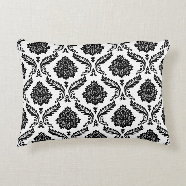 Rococo Damask Pattern Black on White Accent Kussen (Voorkant)