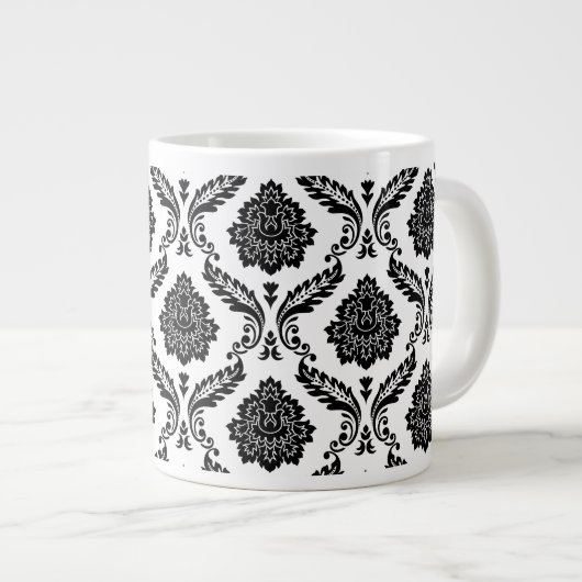 Rococo Damask Pattern Black on White Extra Grote Beker (Voorkant rechts)