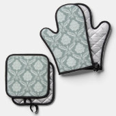 Rococo Damask Pattern Duck Egg Blue+Teal Ovenwant & Pannenlap Set (Voorkant / Achterkant)