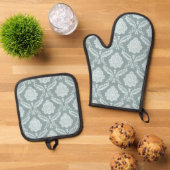 Rococo Damask Pattern Duck Egg Blue+Teal Ovenwant & Pannenlap Set (Top down)