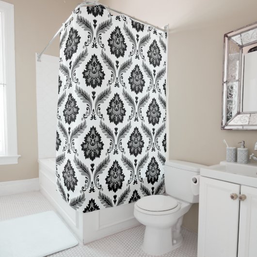 Rococo Damask Pattern Grey Black White Douchegordijn (In situ)