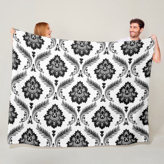Rococo Damask Pattern Grey Black White Fleece Deken (In situ)