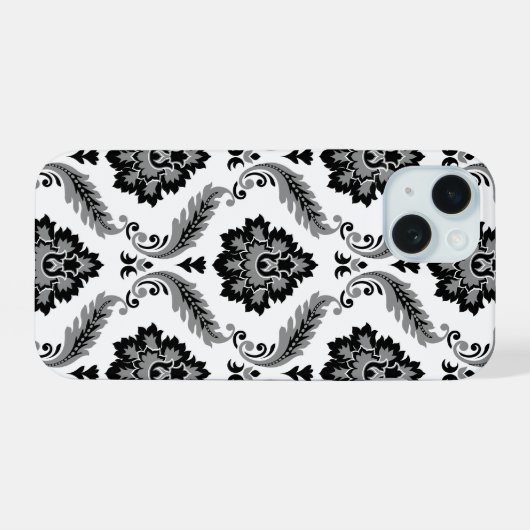 Rococo Damask Pattern Grey Black White iPhone 15 Hoesje (Achterkant horizontaal)