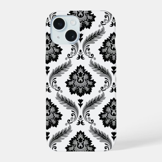Rococo Damask Pattern Grey Black White iPhone 15 Hoesje (Achterkant)