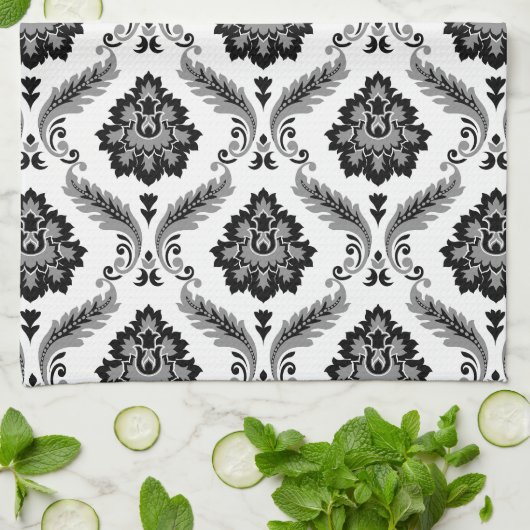 Rococo Damask Pattern Grey Black White Theedoek (Gevouwen)