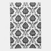 Rococo Damask Pattern Grey Black White Theedoek (Verticaal)