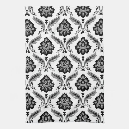 Rococo Damask Pattern Grey Black White Theedoek (Verticaal)