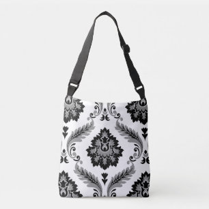 Rococo Damast Groot Patroon Grijs Zwart Wit Crossbody Tas