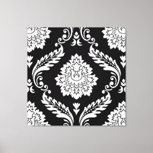 Rococo Damast Groot Patroon Wit op Zwart Canvas Afdruk