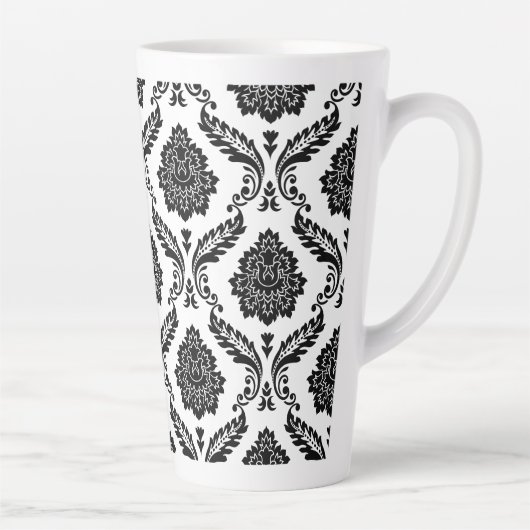 Rococo Damast Groot Patroon Zwart op Wit Latte Mok (Rechts)
