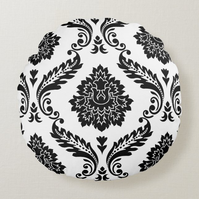 Rococo Damast Groot Patroon Zwart op Wit Rond Kussen (Voorkant)