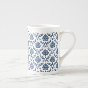 Rococo Damast Klein Patroon Blauw op Wit Porselein Kop