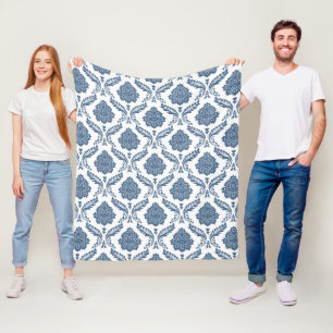 Rococo Damast Patroon Blauw op Wit Fleece Deken