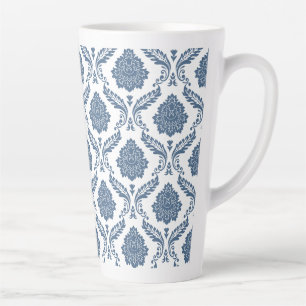 Rococo Damast Patroon Blauw op Wit Latte Mok