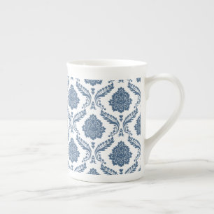 Rococo Damast Patroon Blauw op Wit Porselein Kop