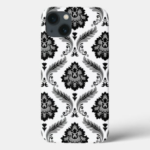 Rococo Damast Patroon Grijs Zwart Wit iPhone 13 Hoesje