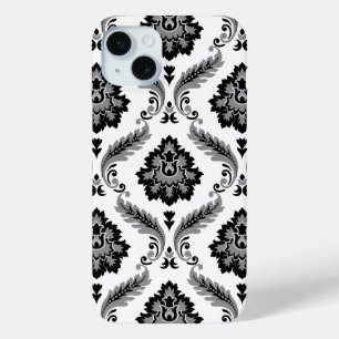 Rococo Damast Patroon Grijs Zwart Wit iPhone 15 Mini Hoesje
