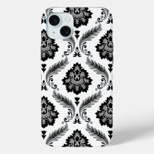 Rococo Damast Patroon Grijs Zwart Wit iPhone 15 Mini Hoesje