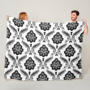 Rococo Damast Patroon Grijs Zwart Wit Fleece Deken