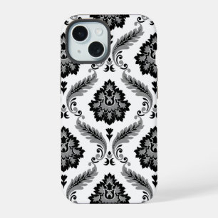 Rococo Damast Patroon Grijs Zwart Wit iPhone 15 Hoesje