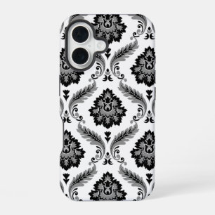 Rococo Damast Patroon Grijs Zwart Wit iPhone 16 Hoesje