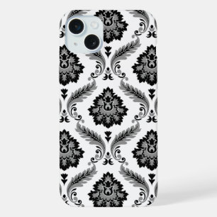 Rococo Damast Patroon Grijs Zwart Wit iPhone 15 Plus Case