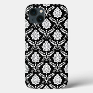 Rococo Damast Patroon Wit op Zwart iPhone 13 Hoesje