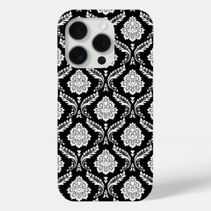 Rococo Damast Patroon Wit op Zwart iPhone 15 Pro Case